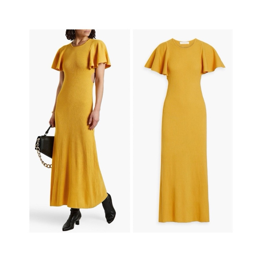 NEW Chloe Cut-Out Ribbed-Knit Wool Maxi Dress (Sz XL / FR 42) Truly Yellow